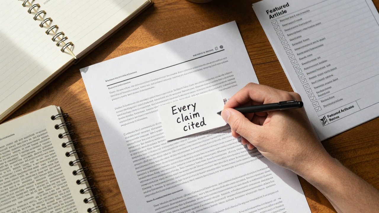 Hand placing final citation on Wikipedia draft with checklist nearby