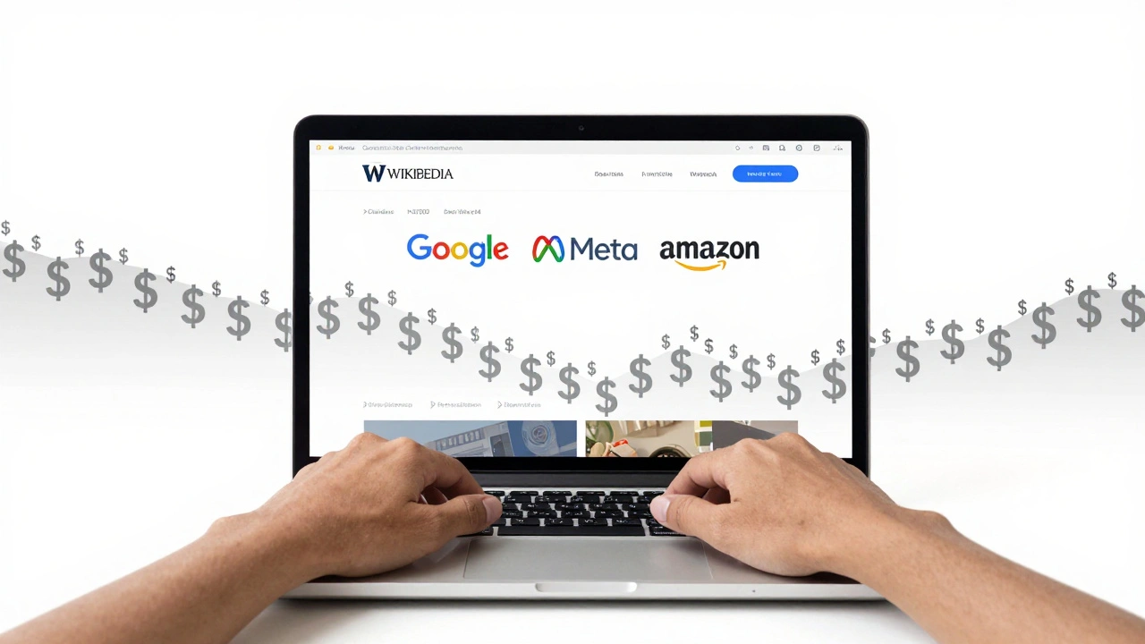 Hands editing Wikipedia as corporate logos fade away, with small donations rising.