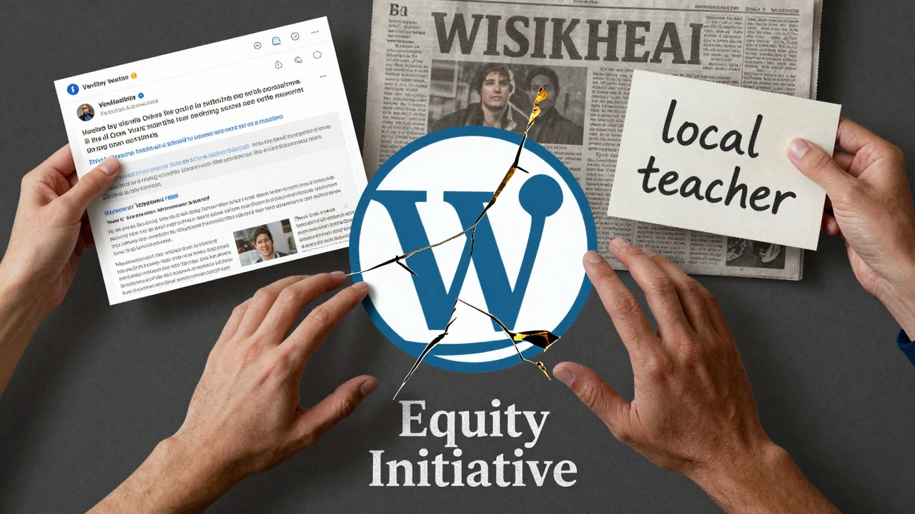 Hands reaching toward a cracked Wikipedia logo, symbolizing conflicting forces of source verification and equity in biographical editing.