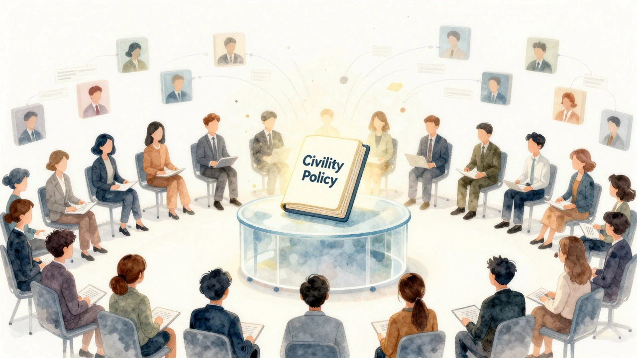 Hundreds of anonymous editors gathered around a glowing civility policy rulebook in a virtual forum.