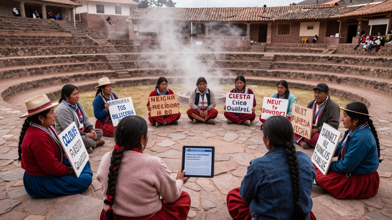 Indigenous Quechua activists in the Andes gather around a tablet showing a newly published Wikinews article, surrounded by mist and traditional terraces.