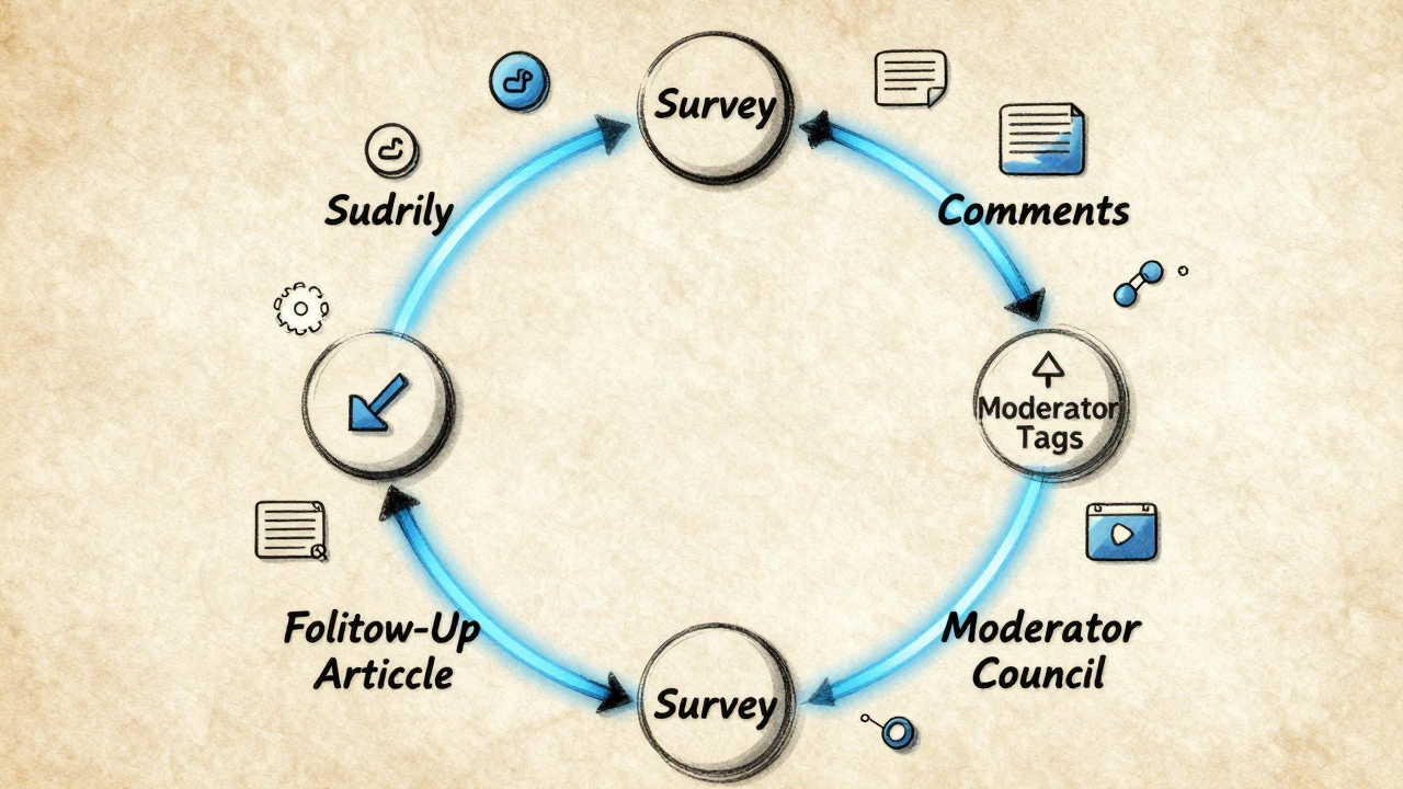 Ink-wash illustration of a circular feedback loop connecting surveys, comments, and editorial decisions.