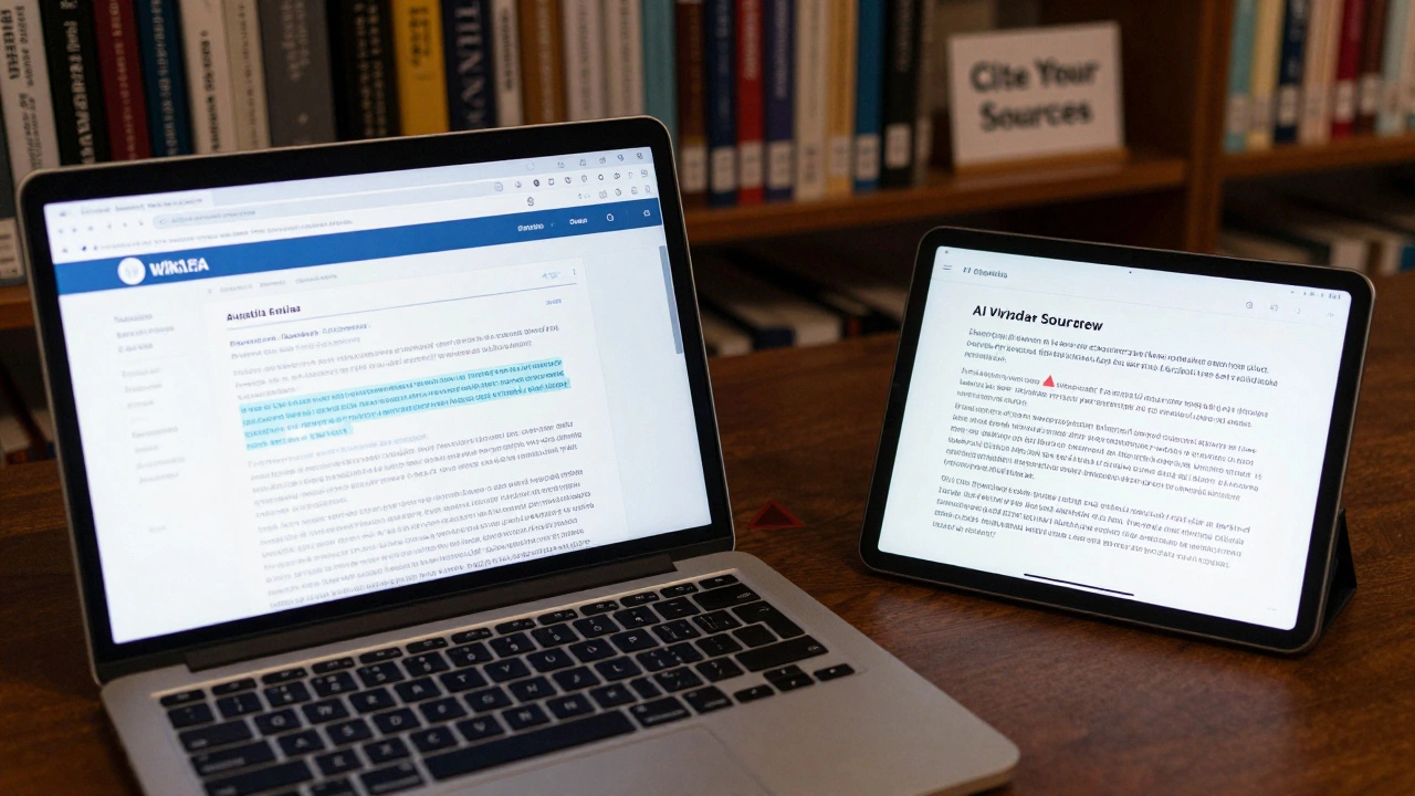 Library scene with Wikipedia article and AI overview side by side, one with a warning symbol near incorrect date.