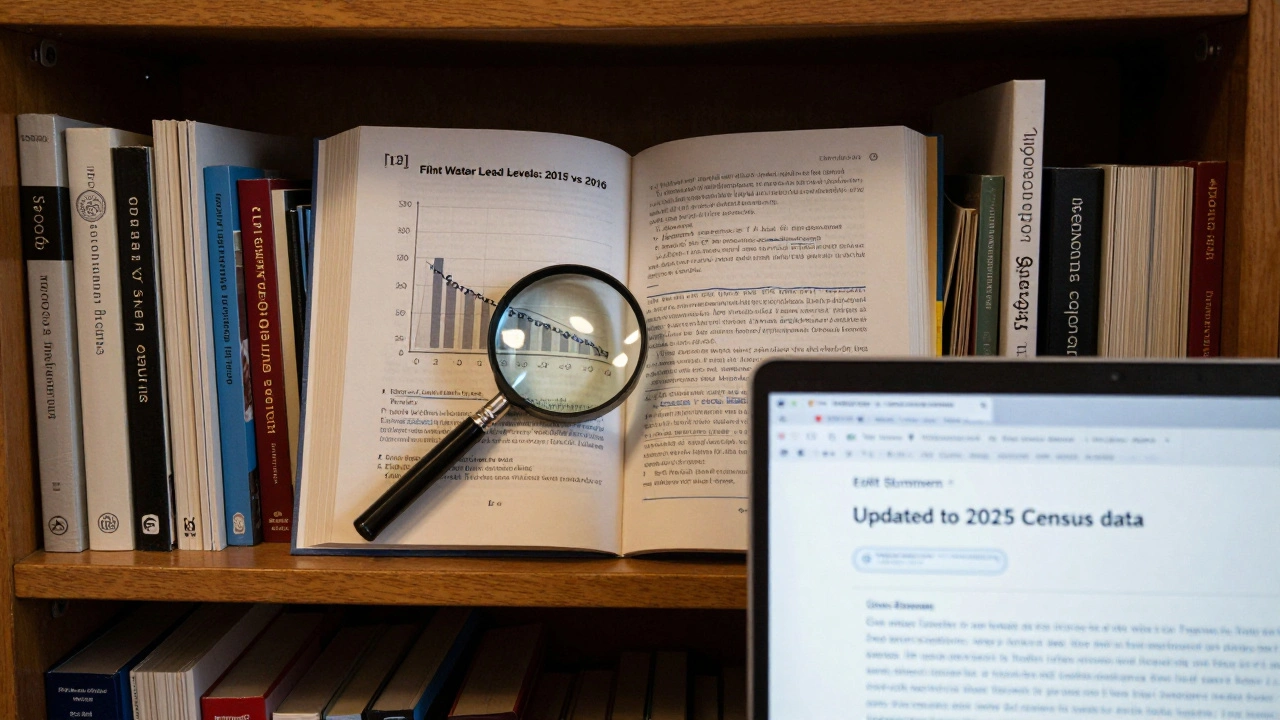 Library shelf of official reports with a magnifying glass over a citation link and a laptop showing an edit summary.