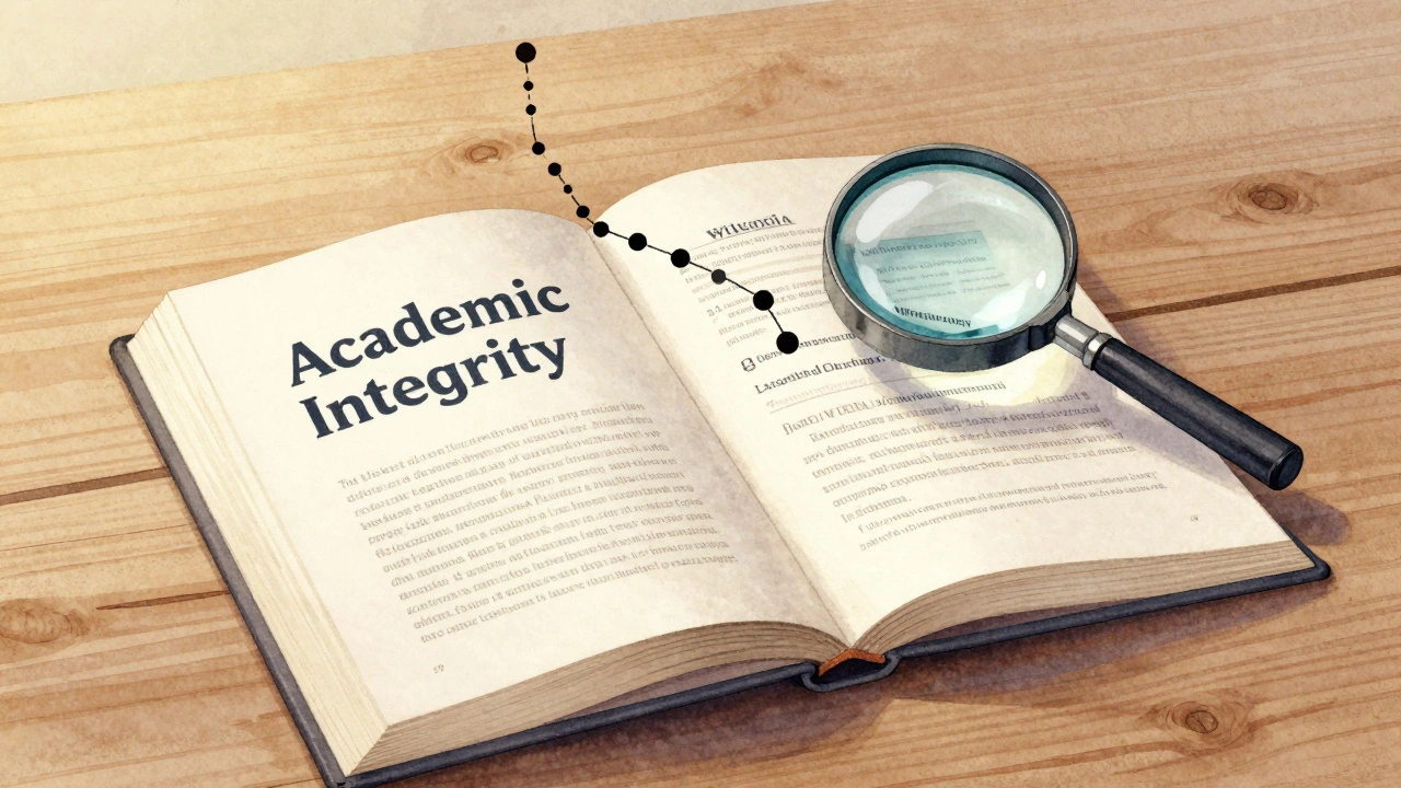 Magnifying glass tracing a path from Wikipedia to academic journals and official reports.