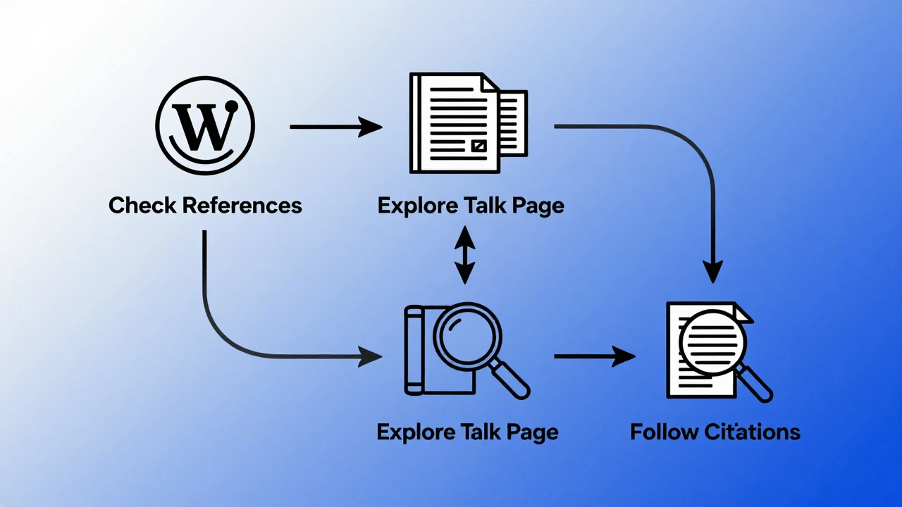 Minimalist flowchart showing Wikipedia research steps leading to academic sources.