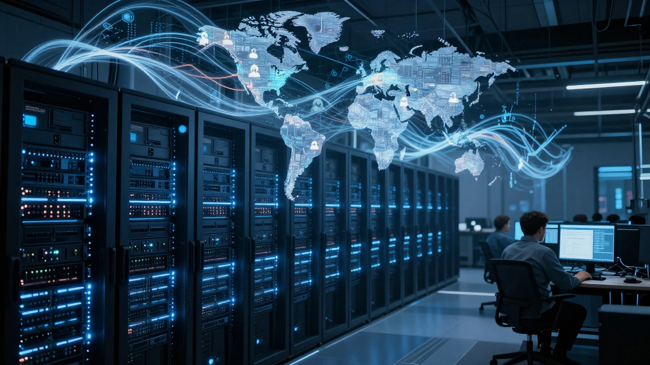 Modern data center with servers and global digital traffic flows powering Wikipedia.