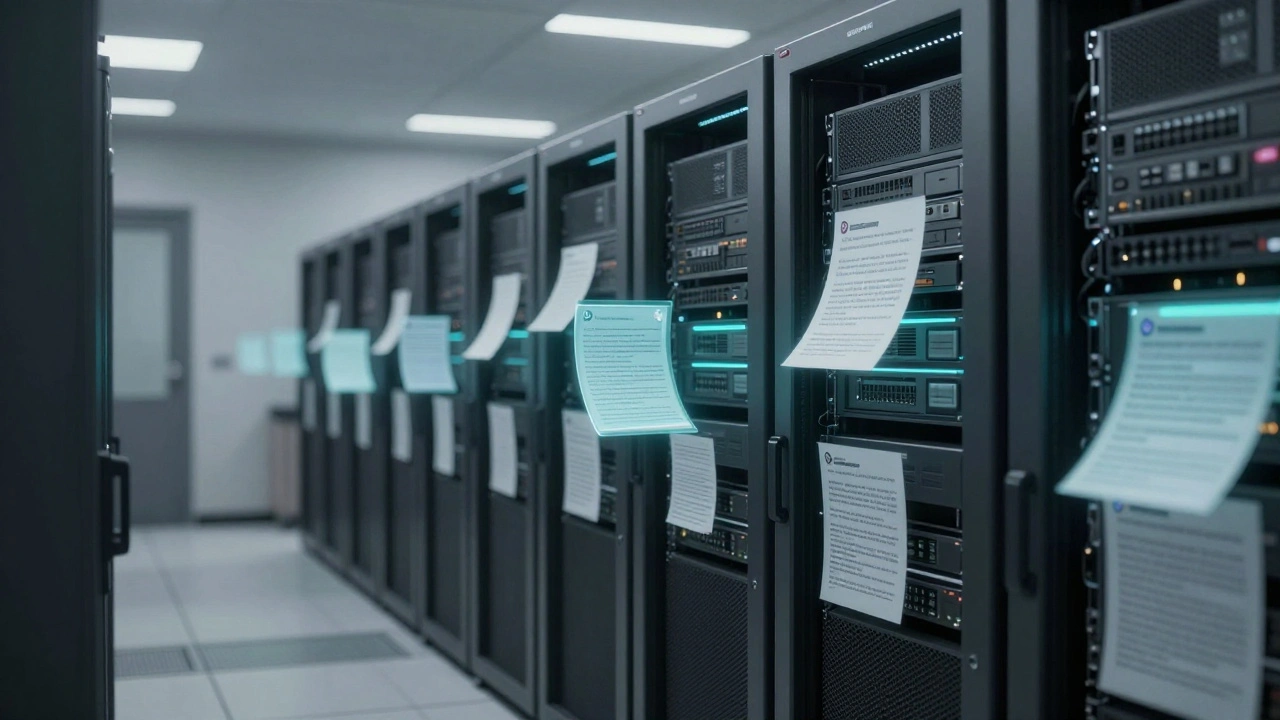 Modest server room with floating cached Wikipedia pages being updated in real time.