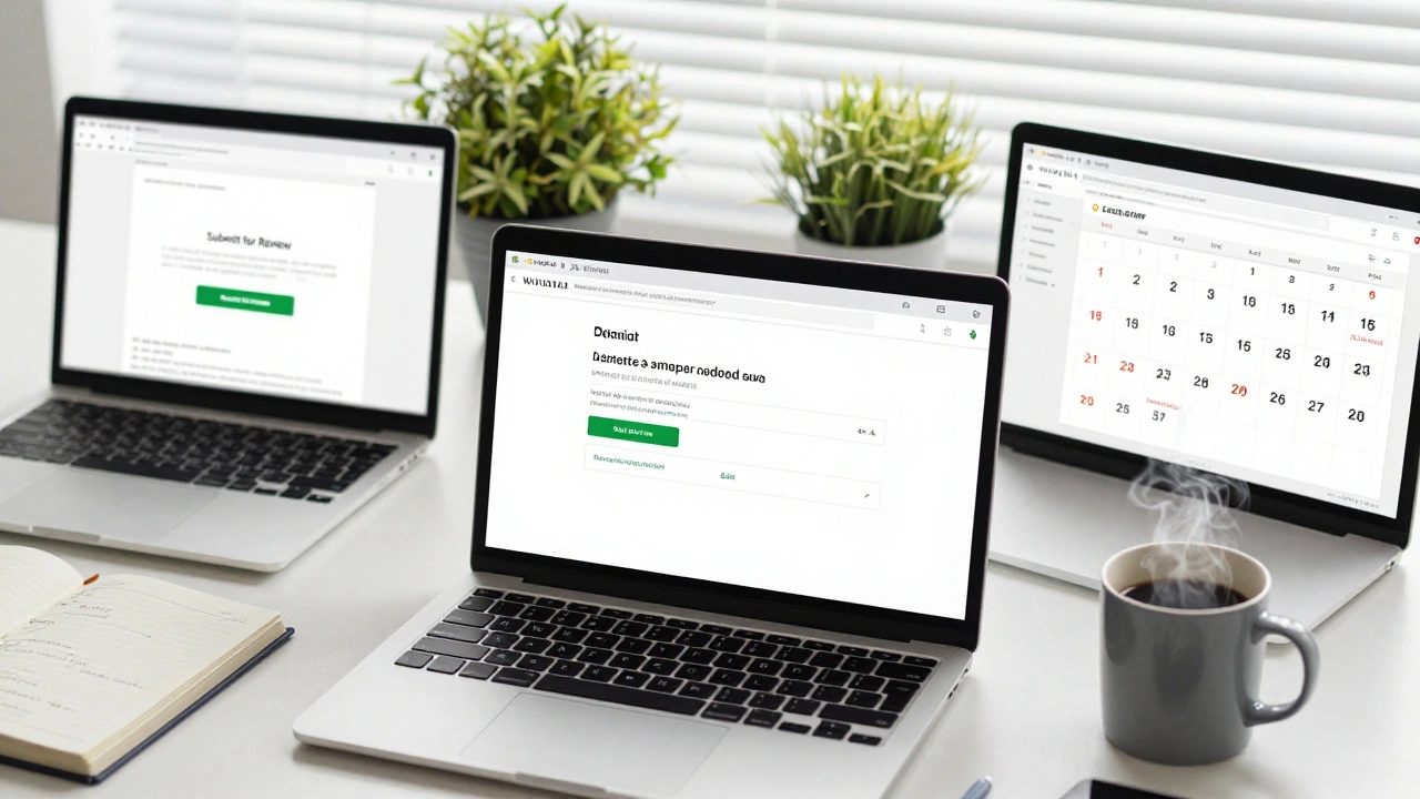 Multiple laptops on a desk displaying Wikipedia drafts, a calendar with reminders, and a mug of coffee.