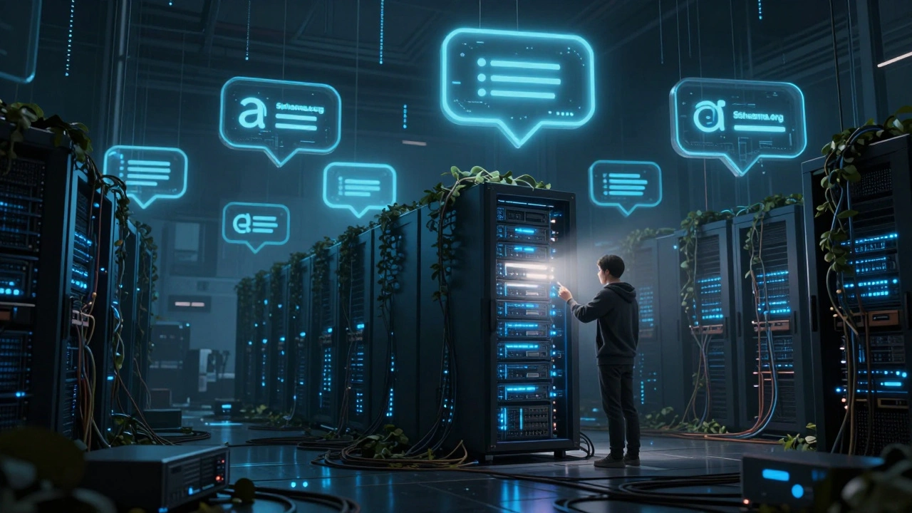 Neon AI answer orbs floating over a neglected Wikipedia server room, a volunteer adding a data tag.