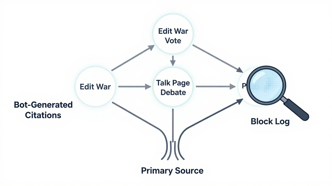 Network diagram connecting Wikipedia policy changes, edit disputes, and verification sources in clean line art.