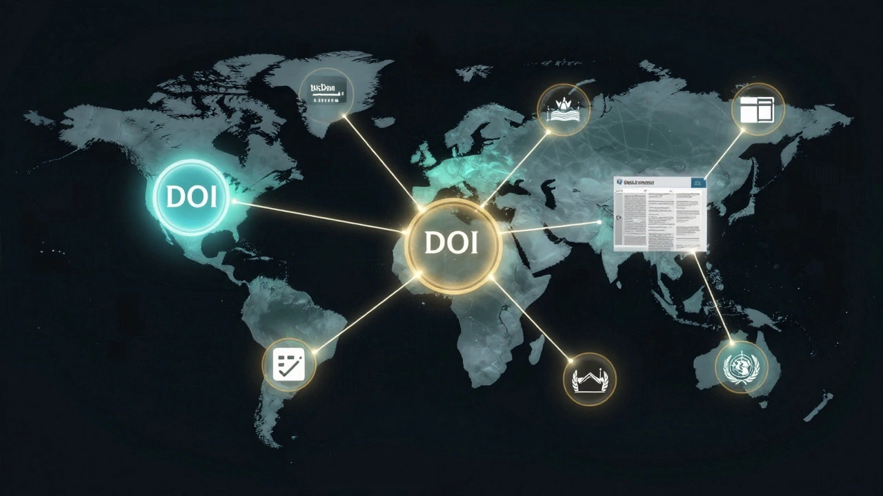 Network of global reliable sources connected by glowing lines, with DOI and archive icons highlighted.