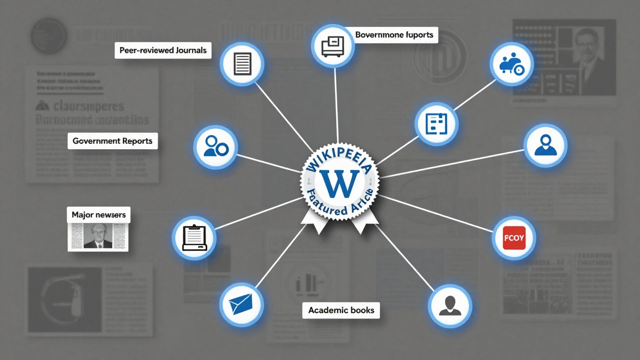 Network of verified sources surrounding a Wikipedia Featured Article badge
