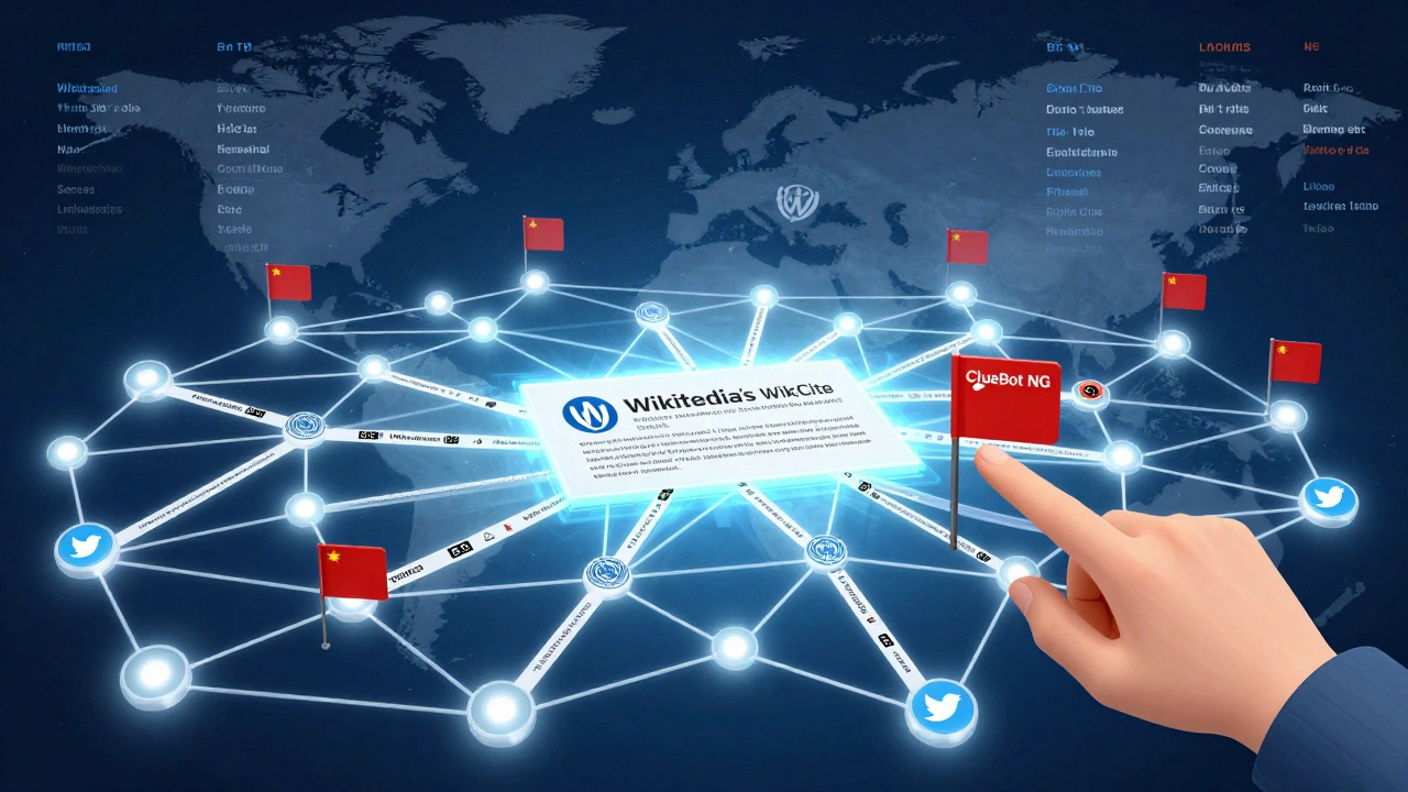 Network visualization of verified news sources feeding into Wikipedia's citation database with warning flags for unverified tweets.