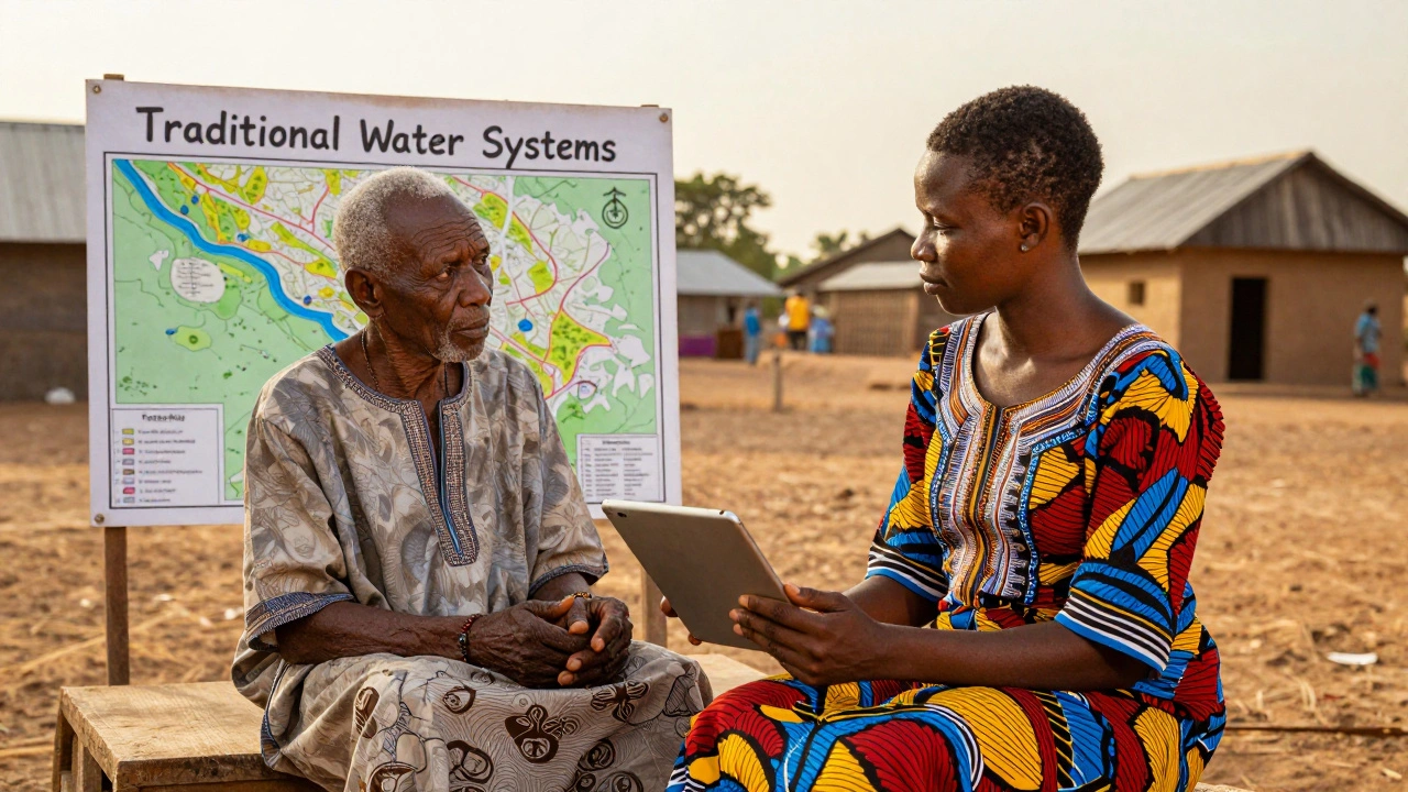Nigerian researcher recording oral histories from an elder in the Niger Delta about traditional water systems.