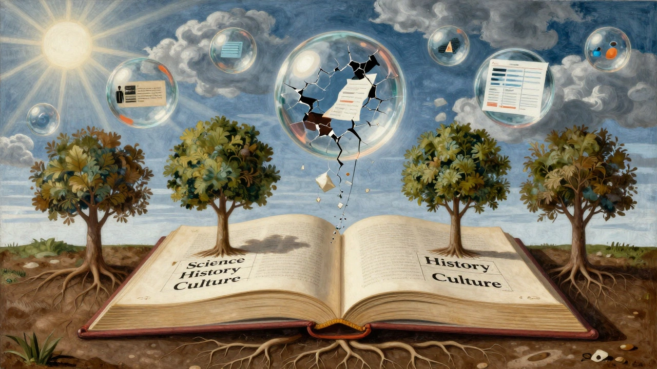 Open book labeled Wikidata with roots feeding knowledge trees, while unstable AI bubbles drift away in shadow.