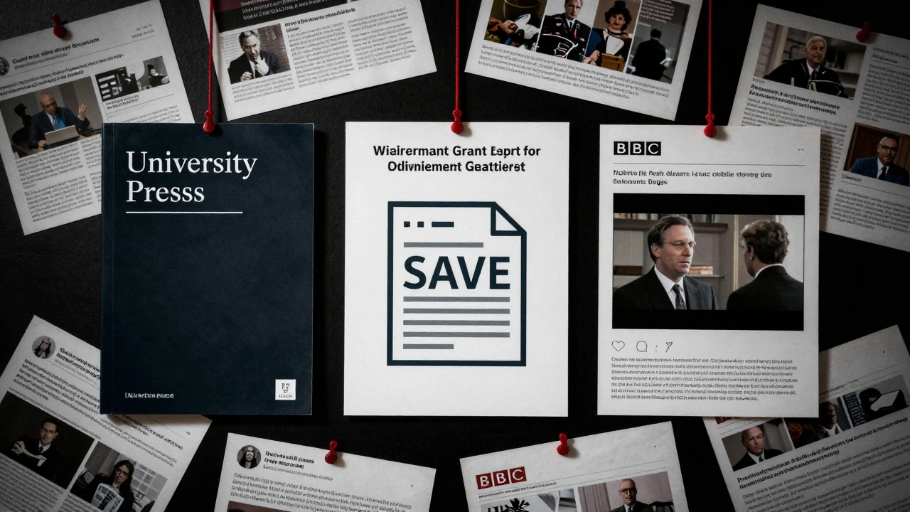 Overhead view of credible sources linked to a Wikipedia article with discarded unreliable ones.