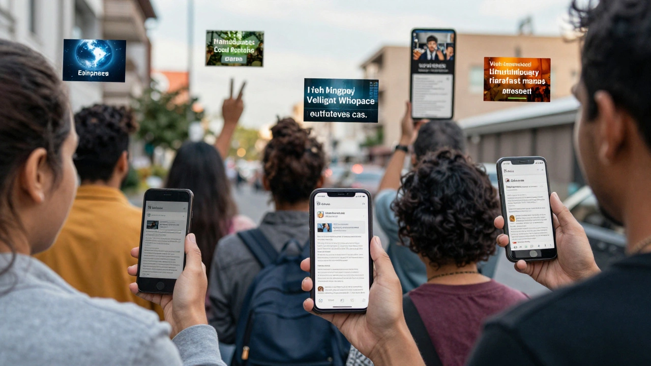 People in different locations viewing Wikipedia articles on their devices, with trending topics visible above them.