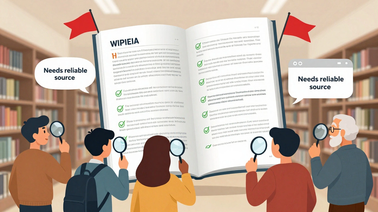 People using magnifying glasses to examine a floating Wikipedia article, with red warning flags and green checkmarks marking reliable and biased content.