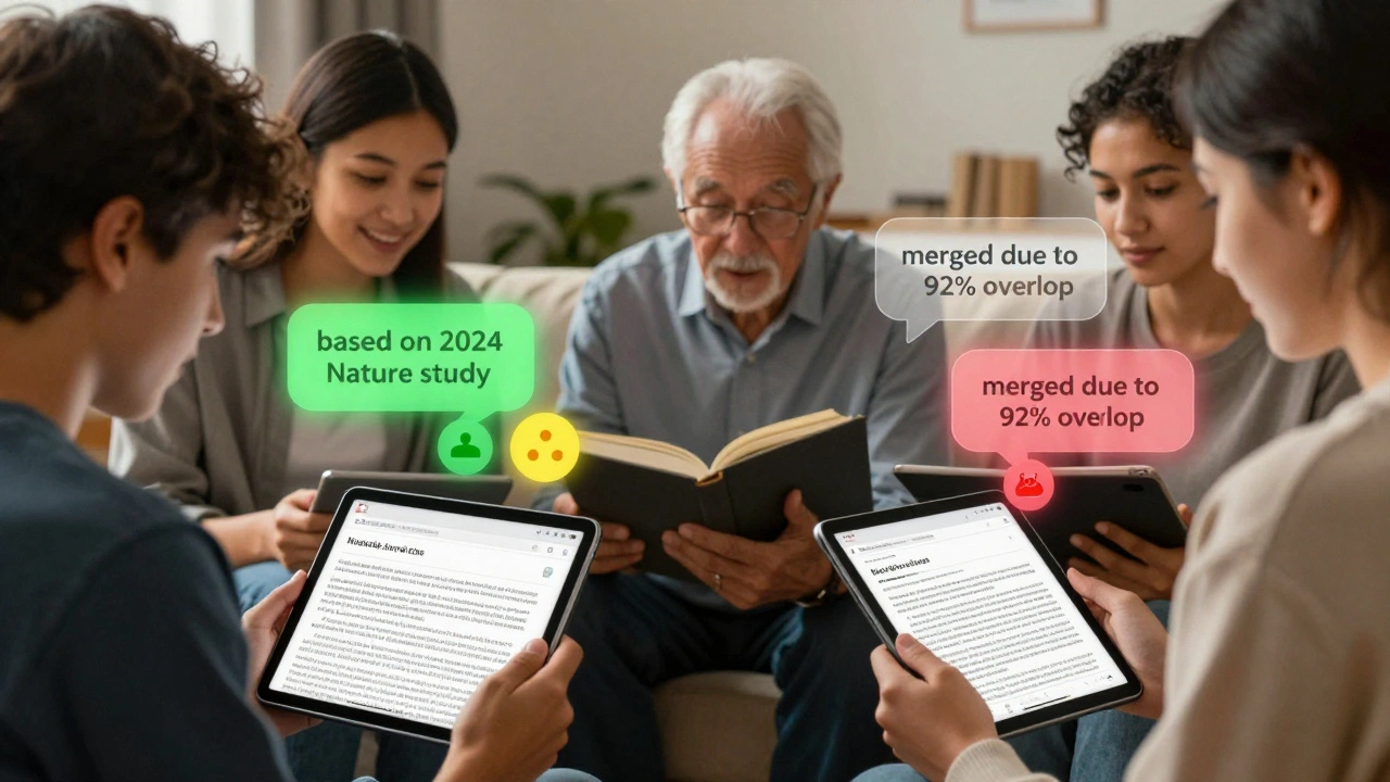 People viewing Wikipedia edits with intuitive visual icons above changes, representing source quality and AI reasoning.