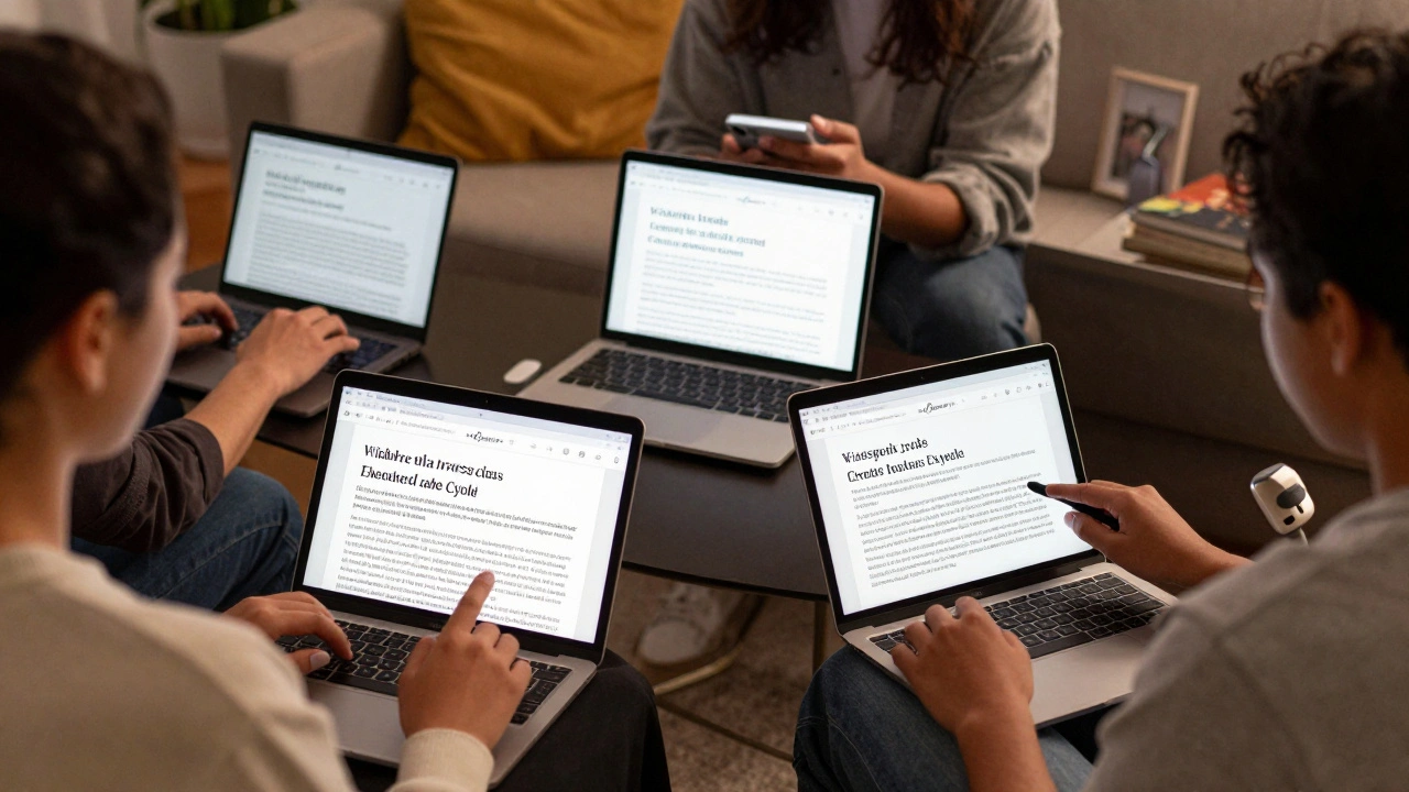 People with different disabilities accessing Wikipedia on various devices, all successfully reading an article in a home setting.