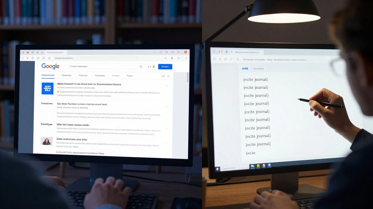 Researcher using Google Scholar while editing a Wikipedia article with citation templates.
