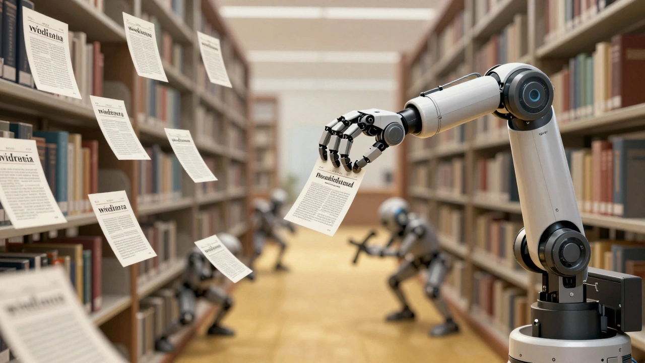 Robotic arm gently retrieving Wikipedia articles with proper delays, while chaotic bots overload the system in background.