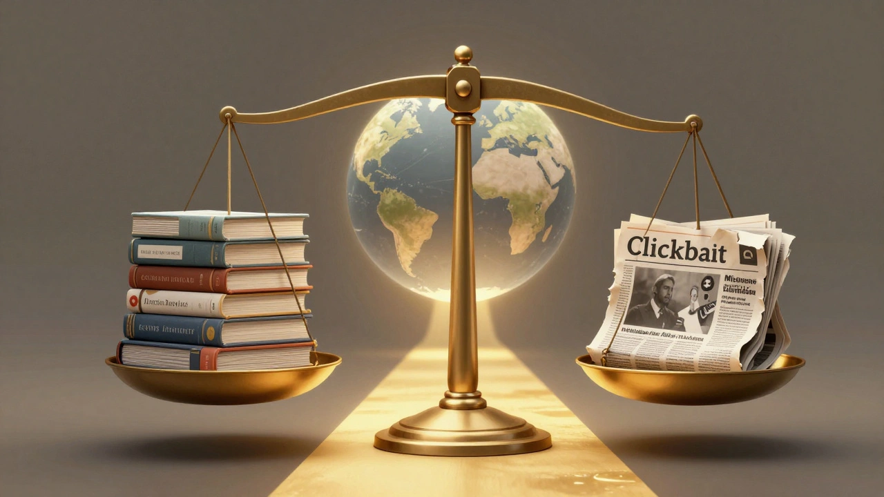 Scales of justice balancing credible medical research against misinformation, with glowing sources on one side and crumbling media on the other.