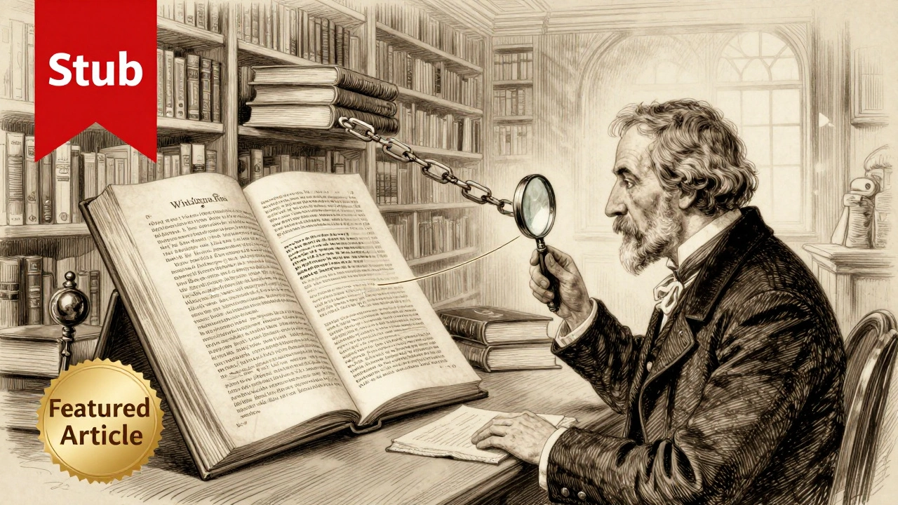Scholar tracing Wikipedia citation to books in vintage academic illustration