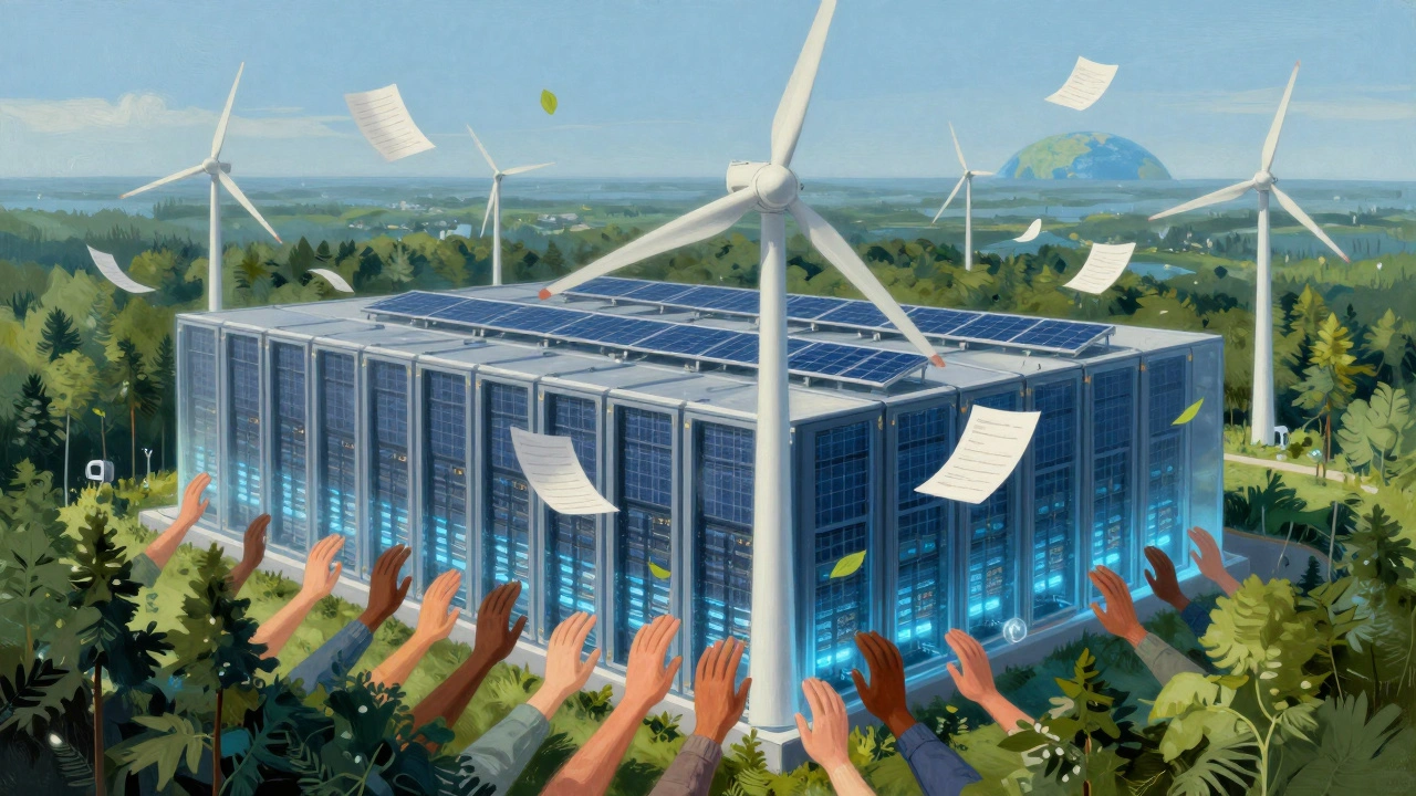 Server farm powered by wind and solar in a forest, with diverse hands touching it, representing sustainable global collaboration.