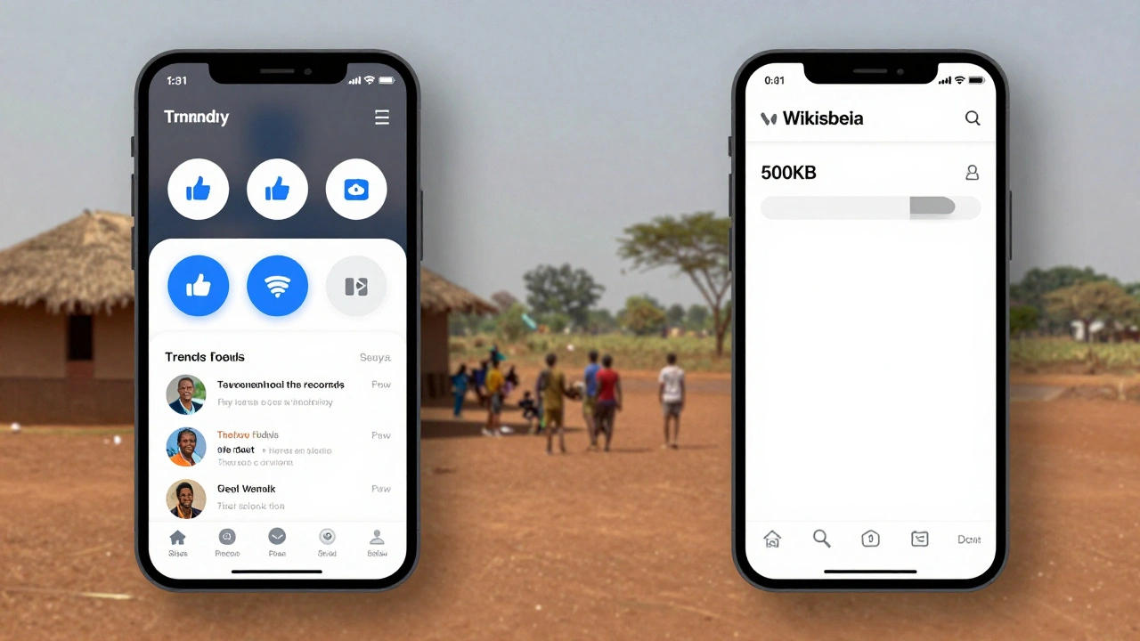 Side-by-side comparison: a flashy app vs. a simple Wikipedia editor on a low-bandwidth phone.