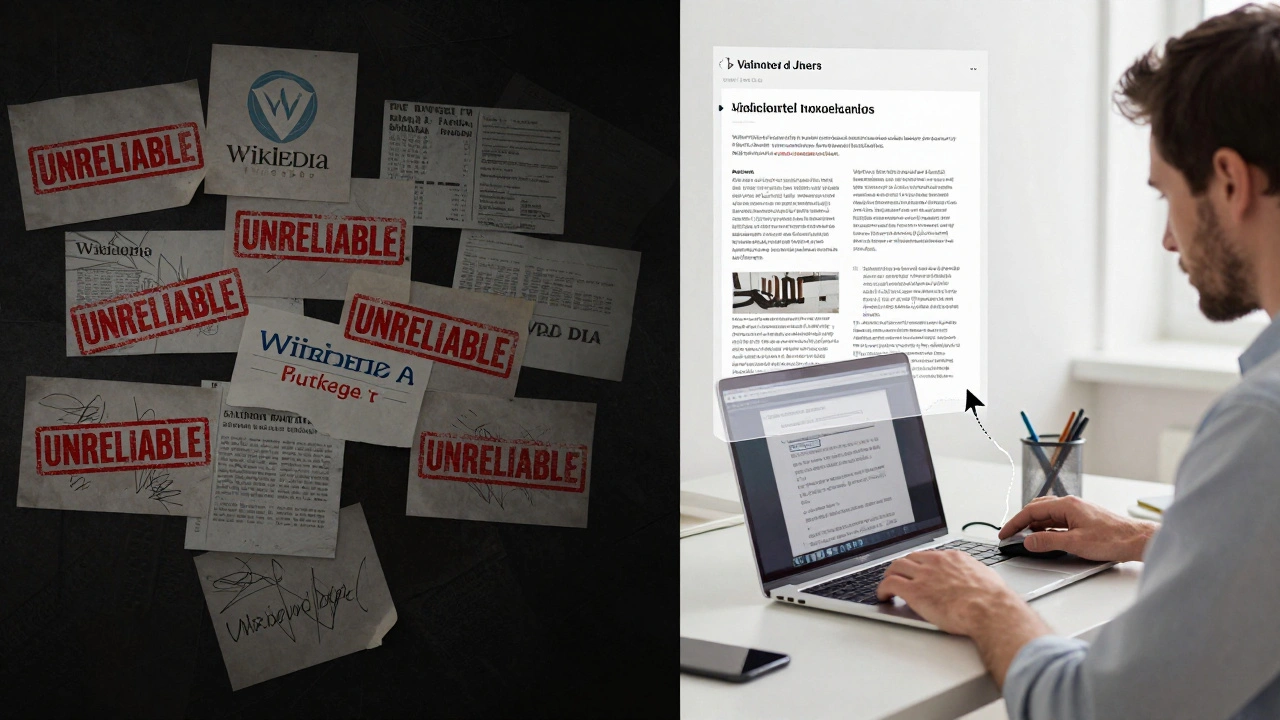 Split image contrasting chaos and clarity in Wikipedia perception: one side shows misinformation, the other shows verified citations.