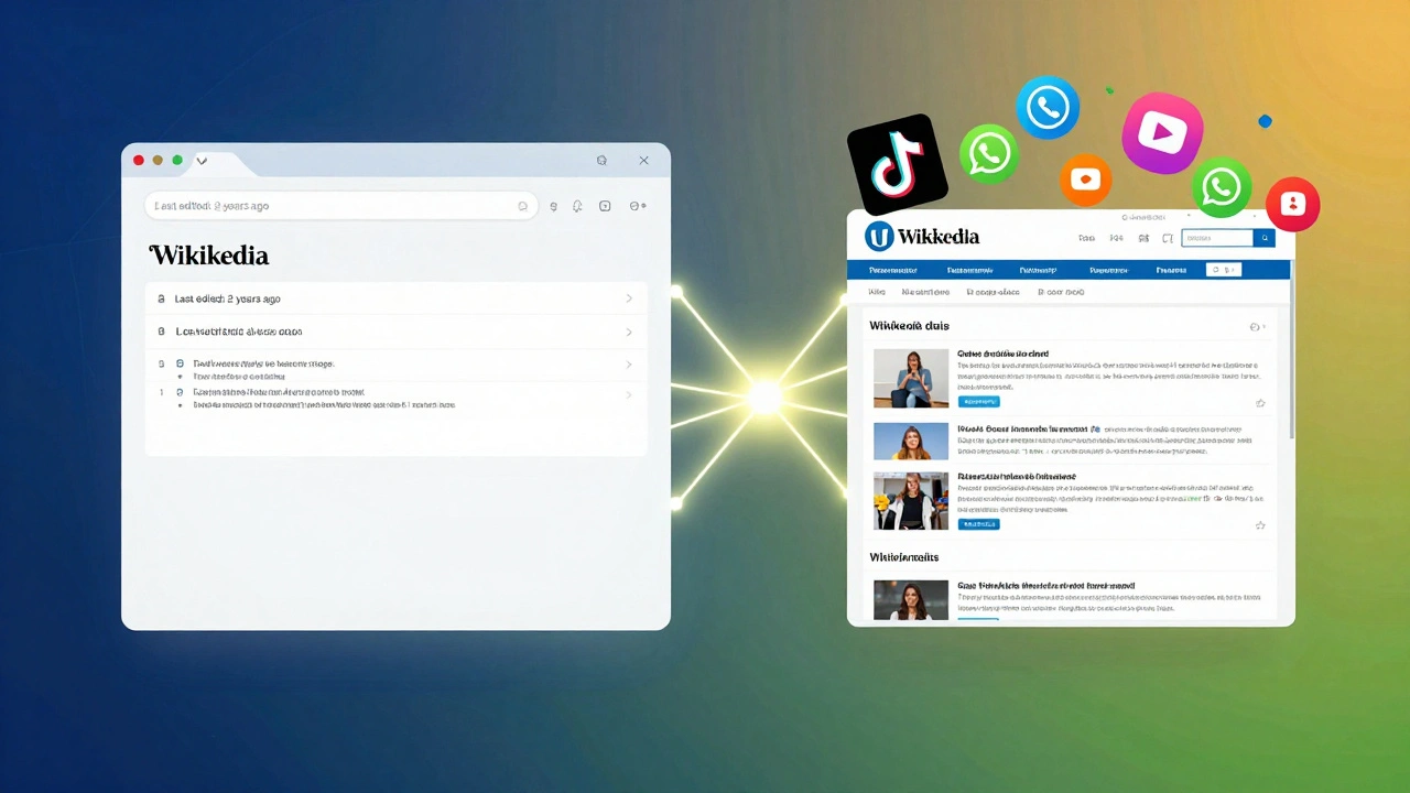 Split image: fading wiki page on left, thriving Wikipedia on right with social media icons above.