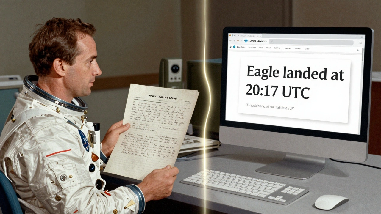 Split scene: 1969 NASA engineer with mission log and modern editor citing the same document accurately.
