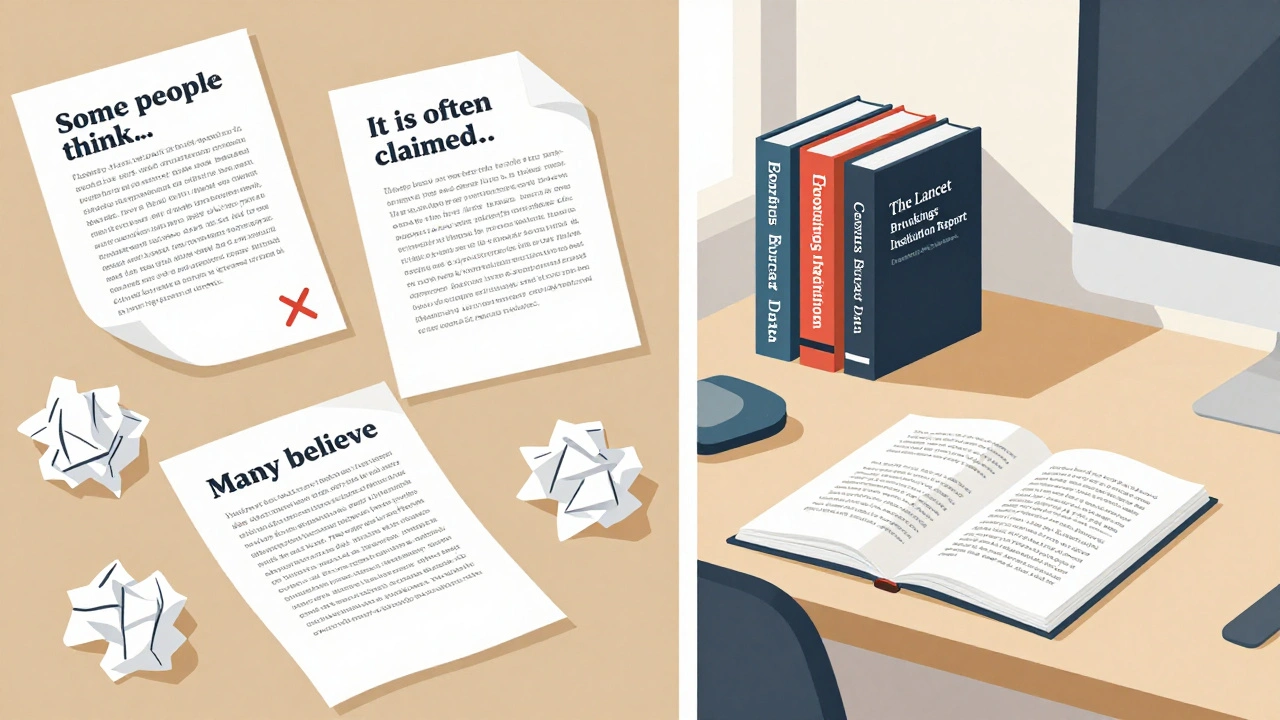 Split scene: messy vague claims on left, clean reliable sources on right, illustrating Wikipedia editing standards.