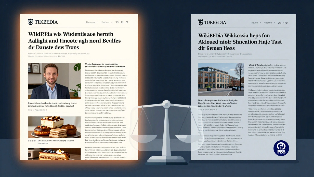 Split-screen comparison of a promotional Wikipedia article versus one with reliable sources.