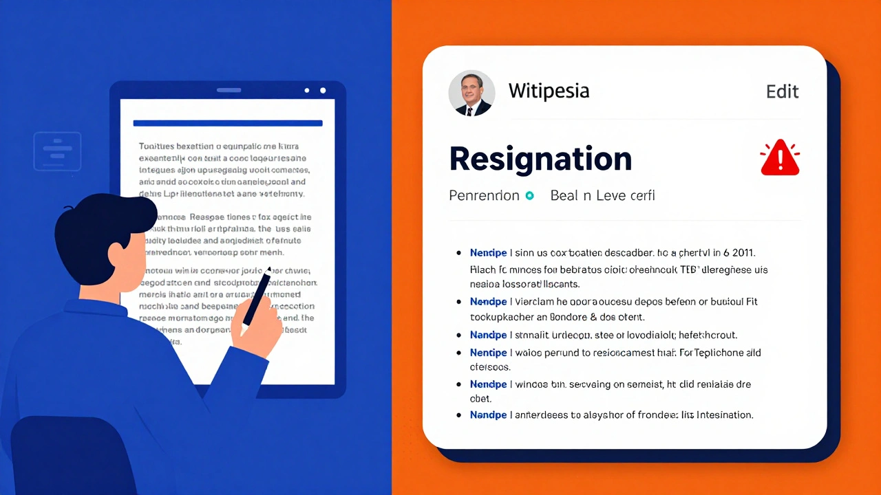 Split-screen showing a journalist writing a story next to a Wikipedia page with unverified claims.