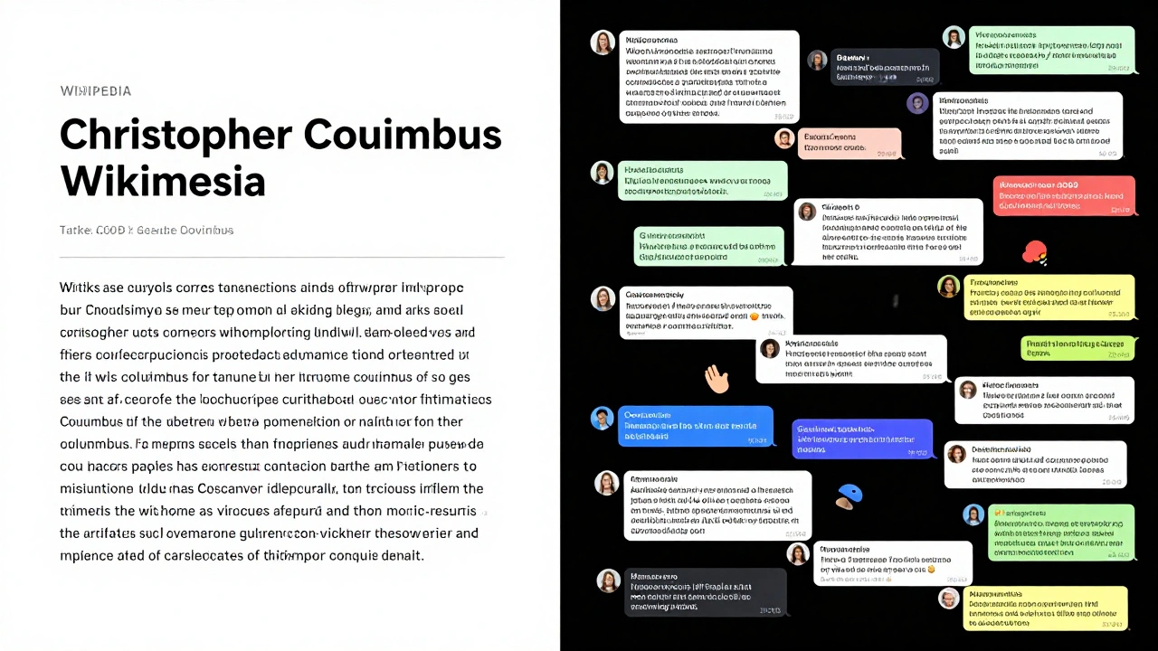 Split view of a polished Wikipedia article versus a chaotic talk page with highlighted edit disputes.