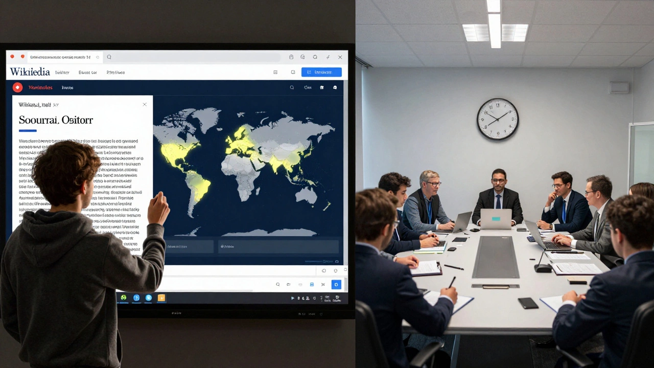 Split view: Wikipedia editors updating a breaking news article in real time versus a corporate team waiting for legal approval.