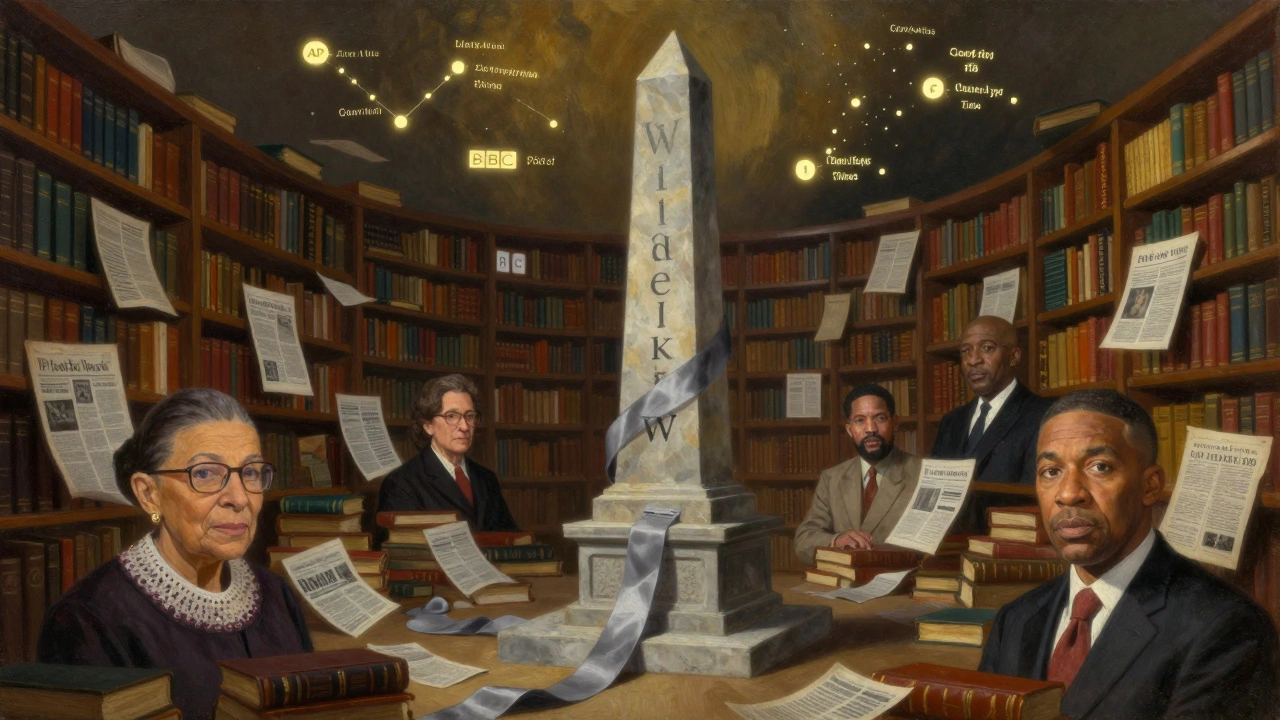 Stone Wikipedia monument with gray ribbon wrapping around portraits of famous deceased figures, surrounded by floating news sources.