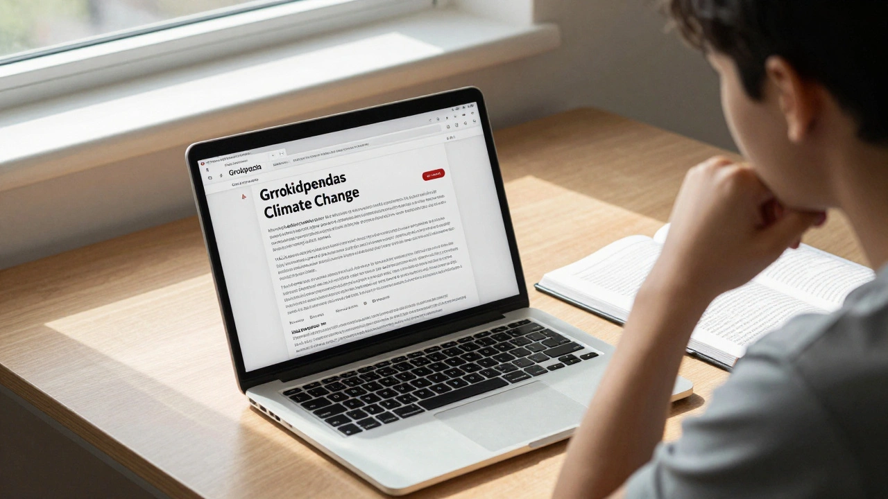 Student comparing Grokipedia and Wikipedia articles on climate change in a library, uncertain which to trust.