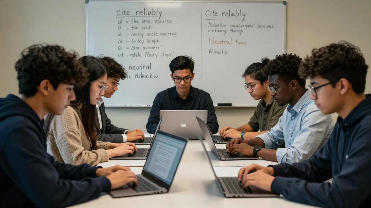 Students collaboratively editing a Wikipedia article using academic sources on laptops.