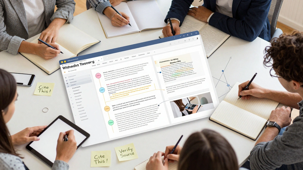 Students collaboratively mapping citation chains from Wikipedia to academic sources using tablets and notebooks.