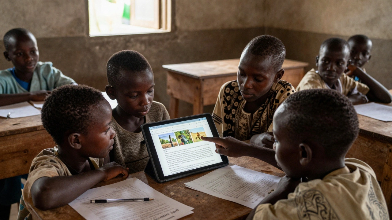 Students in a rural classroom reading a Wikipedia article in Swahili on a tablet.