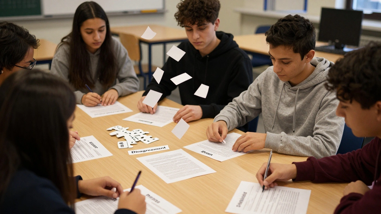 Students sorting printed Wikipedia talk page comments into categories on a classroom table.