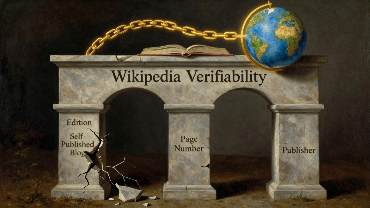Symbolic arch supported by three pillars representing verifiable citation elements, one collapsing.
