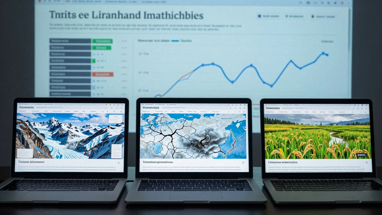 Three laptop screens showing different climate change perspectives on German, Russian, and Hindi Wikipedia compared to faded English content.