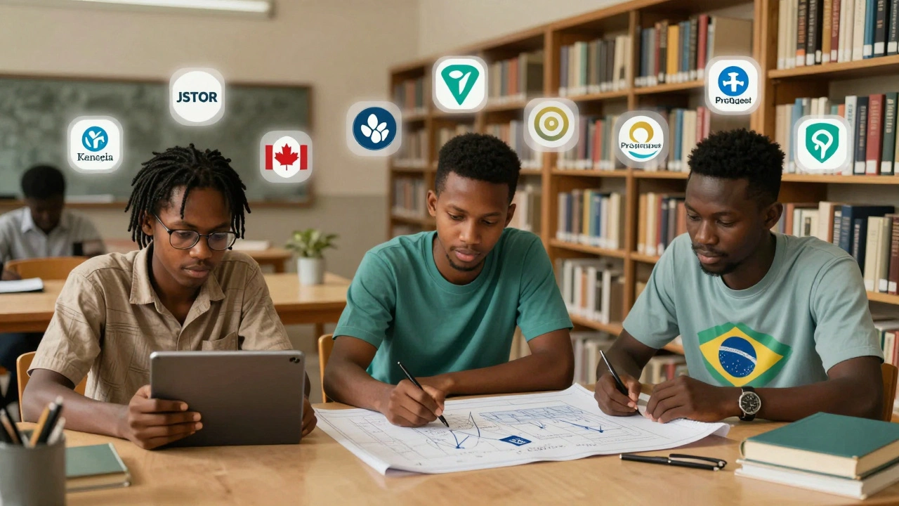 Three volunteers from Kenya, Canada, and Brazil using the Wikipedia Library in their respective environments to improve Wikipedia articles.