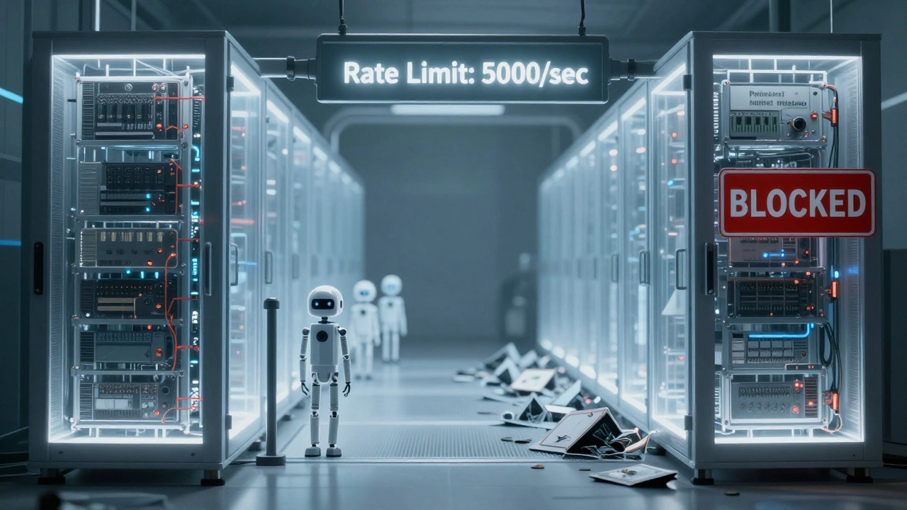 Transparent server farm with a polite bot waiting at rate limit gate, surrounded by failed access attempts.