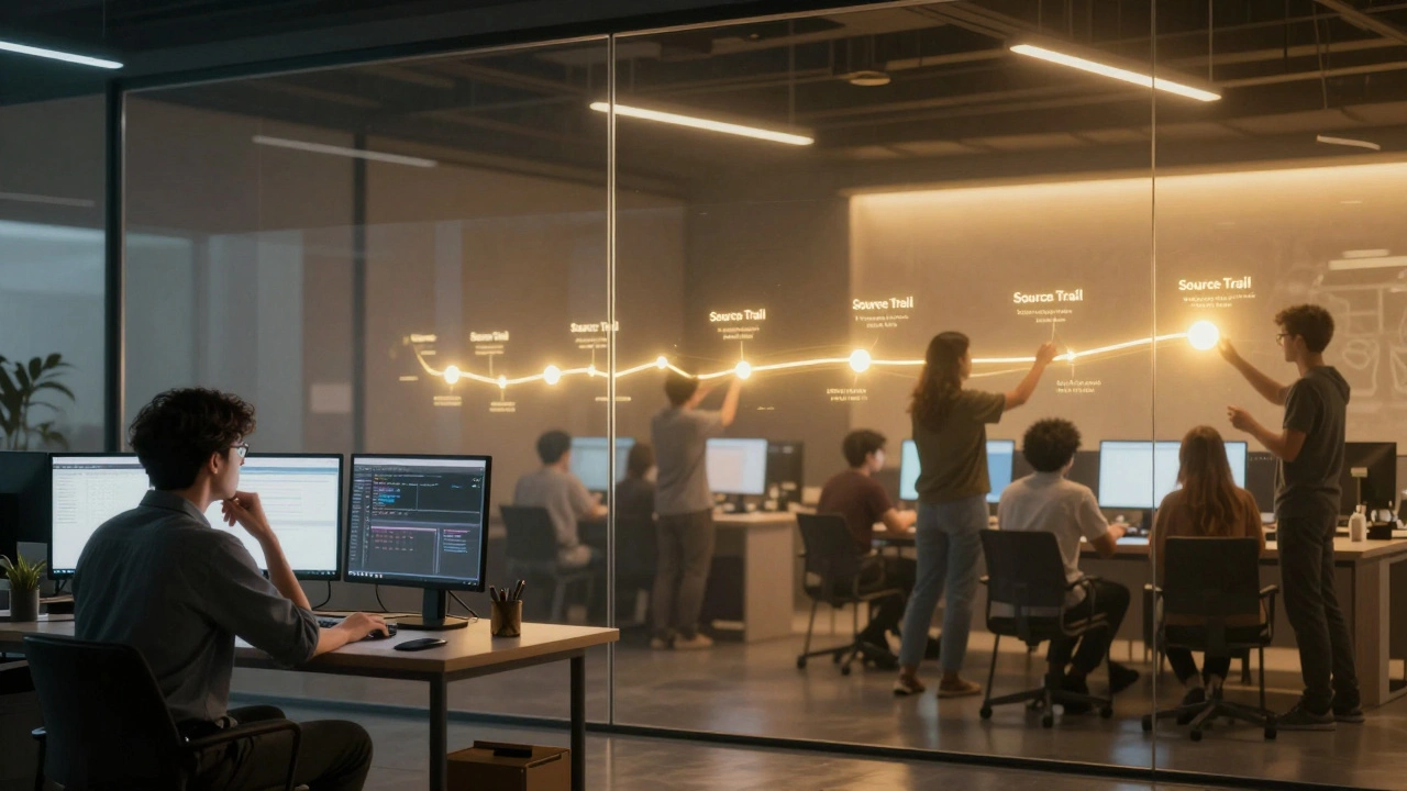 Transparent wall showing a new editor and volunteers connected by a glowing citation history timeline.